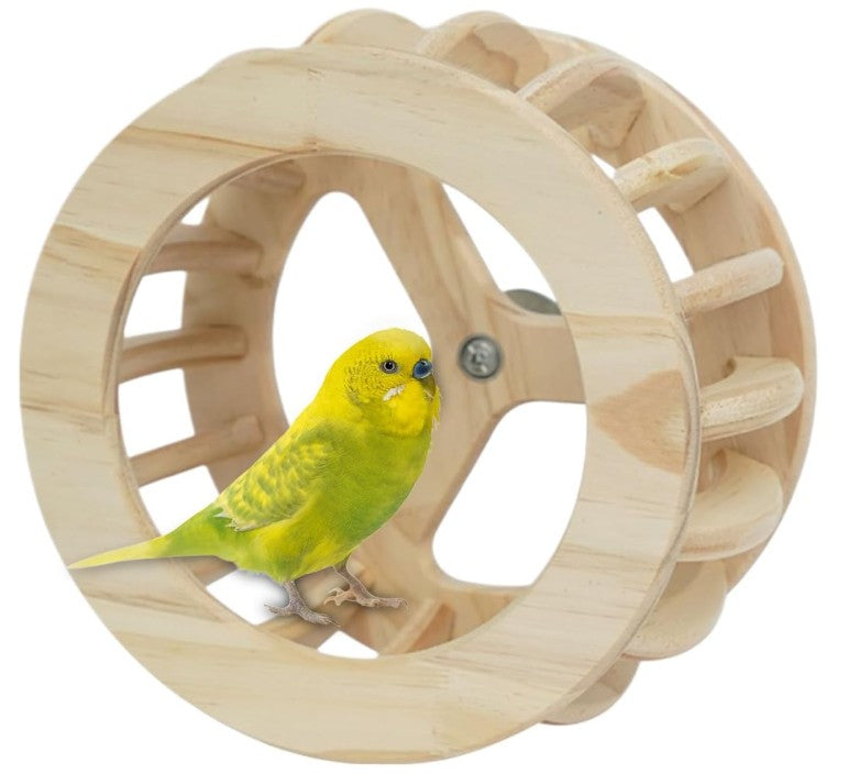 Natural Wooden Parrot Exercise Wheel — Interactive Bird Toy & Rotating Perch Stand
