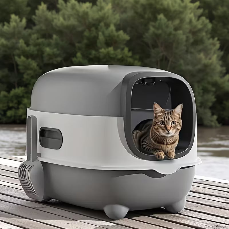 Gray Extra Large Enclosed Cat Litter Box with Shovel