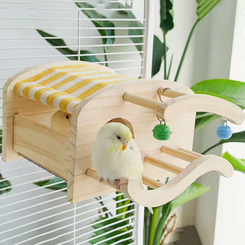 Wooden Bird Playhouse with Mirror, Perch and Bells