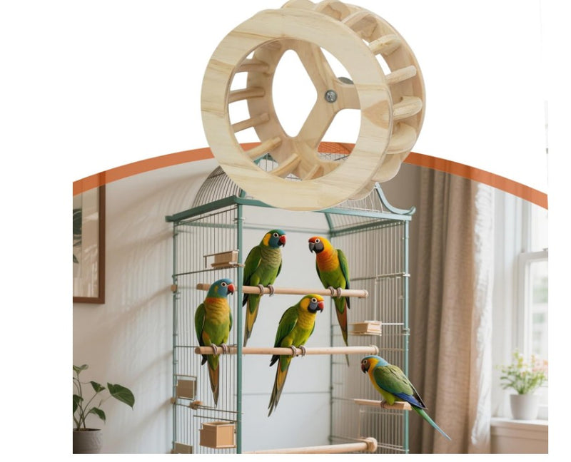 Natural Wooden Parrot Exercise Wheel — Interactive Bird Toy & Rotating Perch Stand