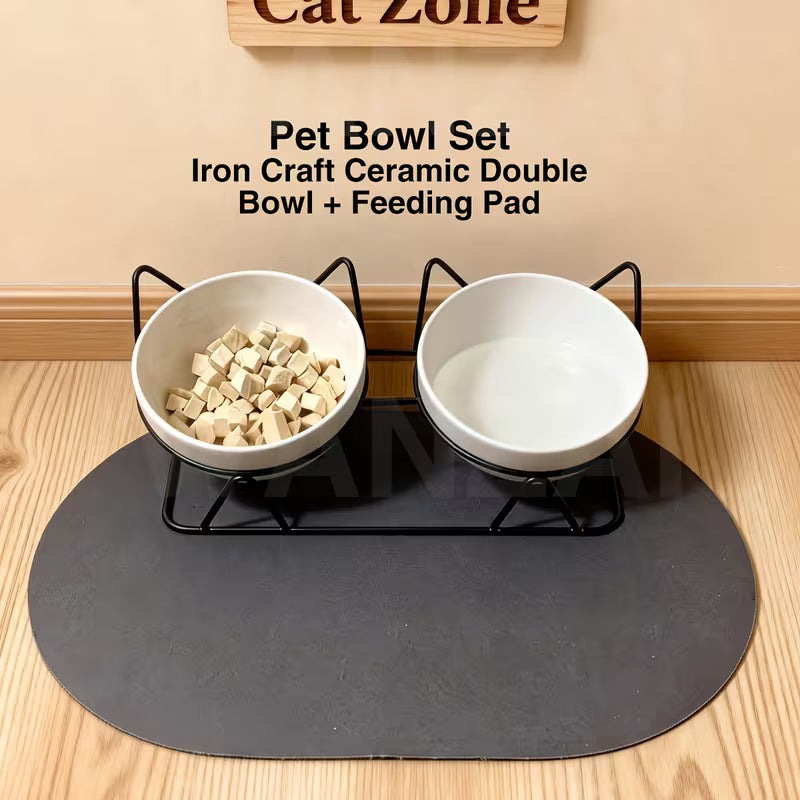 Wrought Iron Ceramic Double Bowl with Feeding Mat