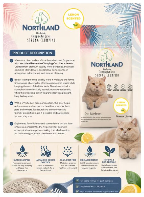 Northland Premium White Bentonite Clumping Cat Litter  Lemon Scented 20L
