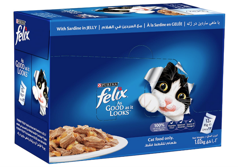 Purina FELIX As Good As It Looks Adult Cat Food with Sardine in Jelly  12 × 85g