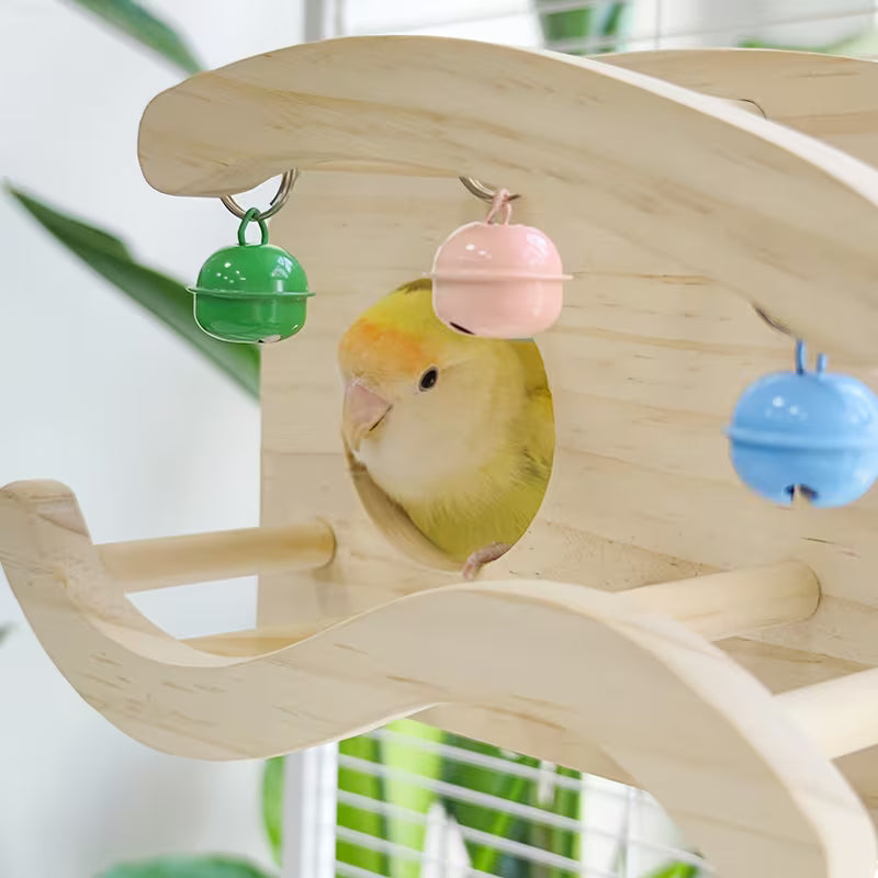 Wooden Bird Playhouse with Mirror, Perch and Bells