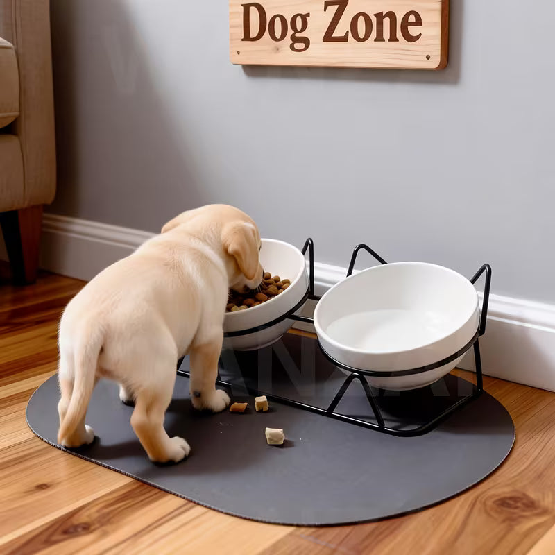 Wrought Iron Ceramic Double Bowl with Feeding Mat