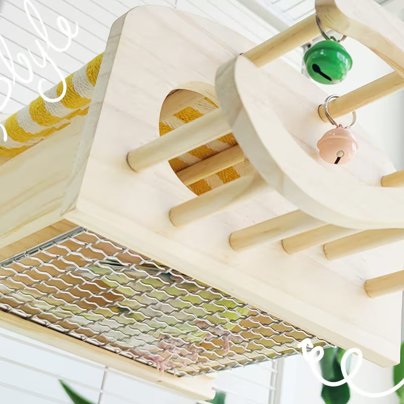 Wooden Bird Playhouse with Mirror, Perch and Bells