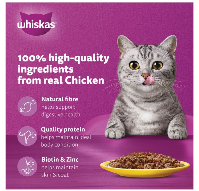 WHISKAS Wet Cat Food for Adult Cats (1+Years), Chicken in Gravy Flavour, 12 Pouches (12 x 80g)