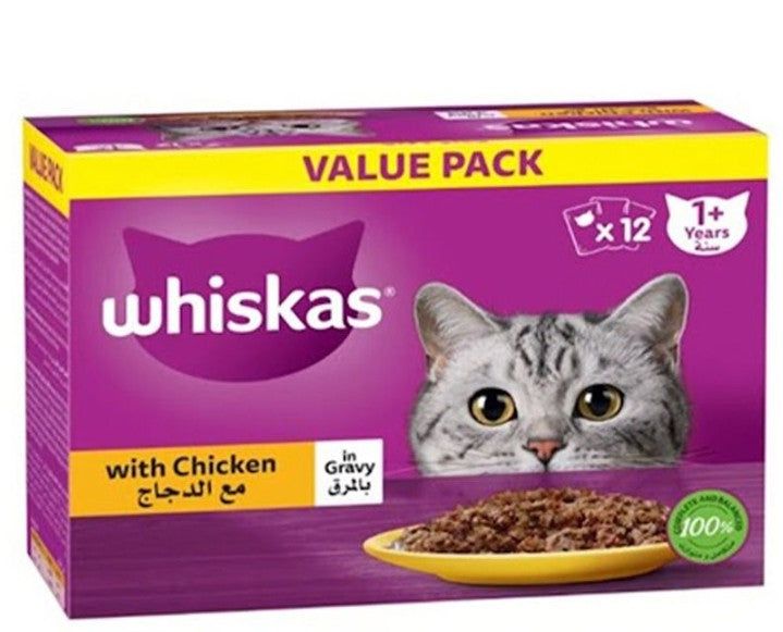 WHISKAS Wet Cat Food for Adult Cats (1+Years), Chicken in Gravy Flavour, 12 Pouches (12 x 80g)