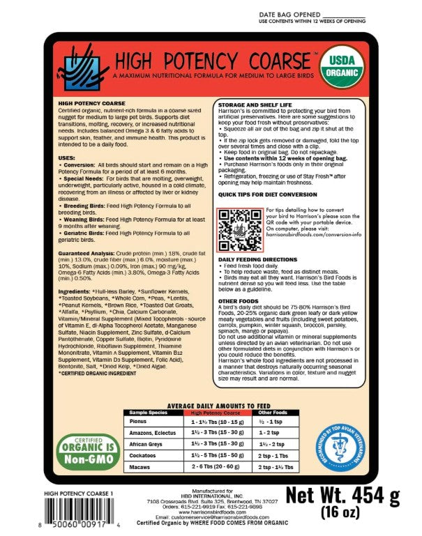 Harrison’s High Potency Coarse Organic Bird Food – 1 lb (454 g)