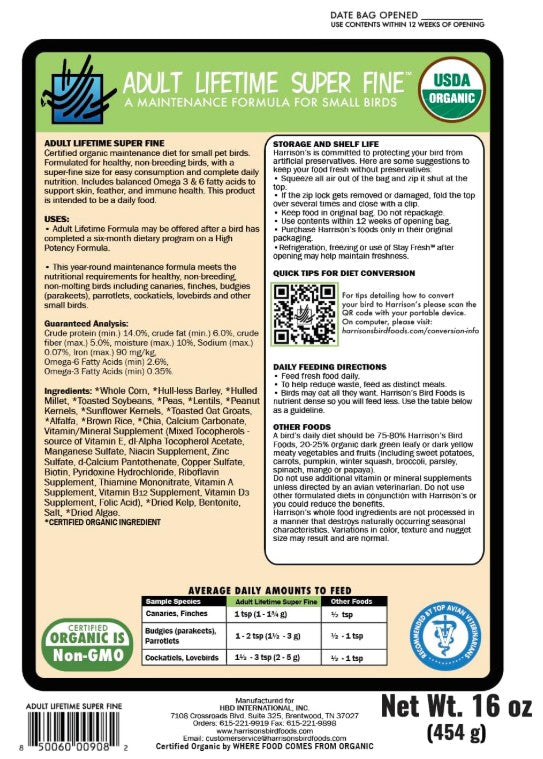 Harrison’s Adult Lifetime Super Fine Organic Bird Food – 1 lb (454 g)