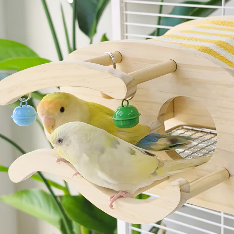 Wooden Bird Playhouse with Mirror, Perch and Bells