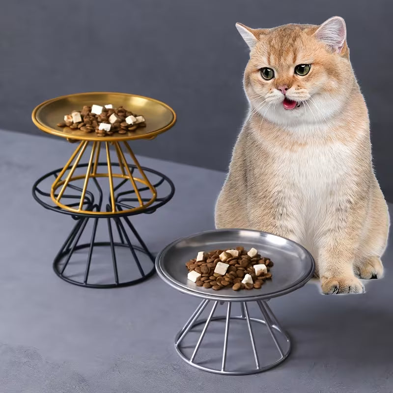 Anti-Flipping Cat Food Bowl with Tall Iron Stand Silver