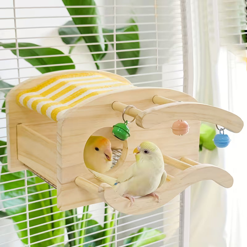 Wooden Bird Playhouse with Mirror, Perch and Bells