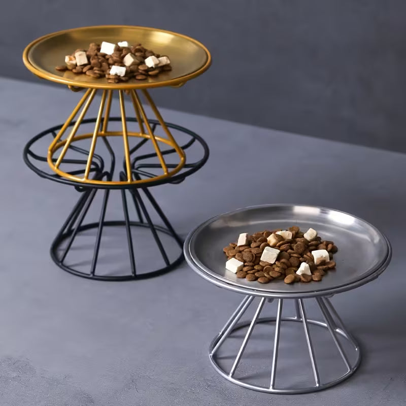 Anti-Flipping Cat Food Bowl with Tall Iron Stand Silver