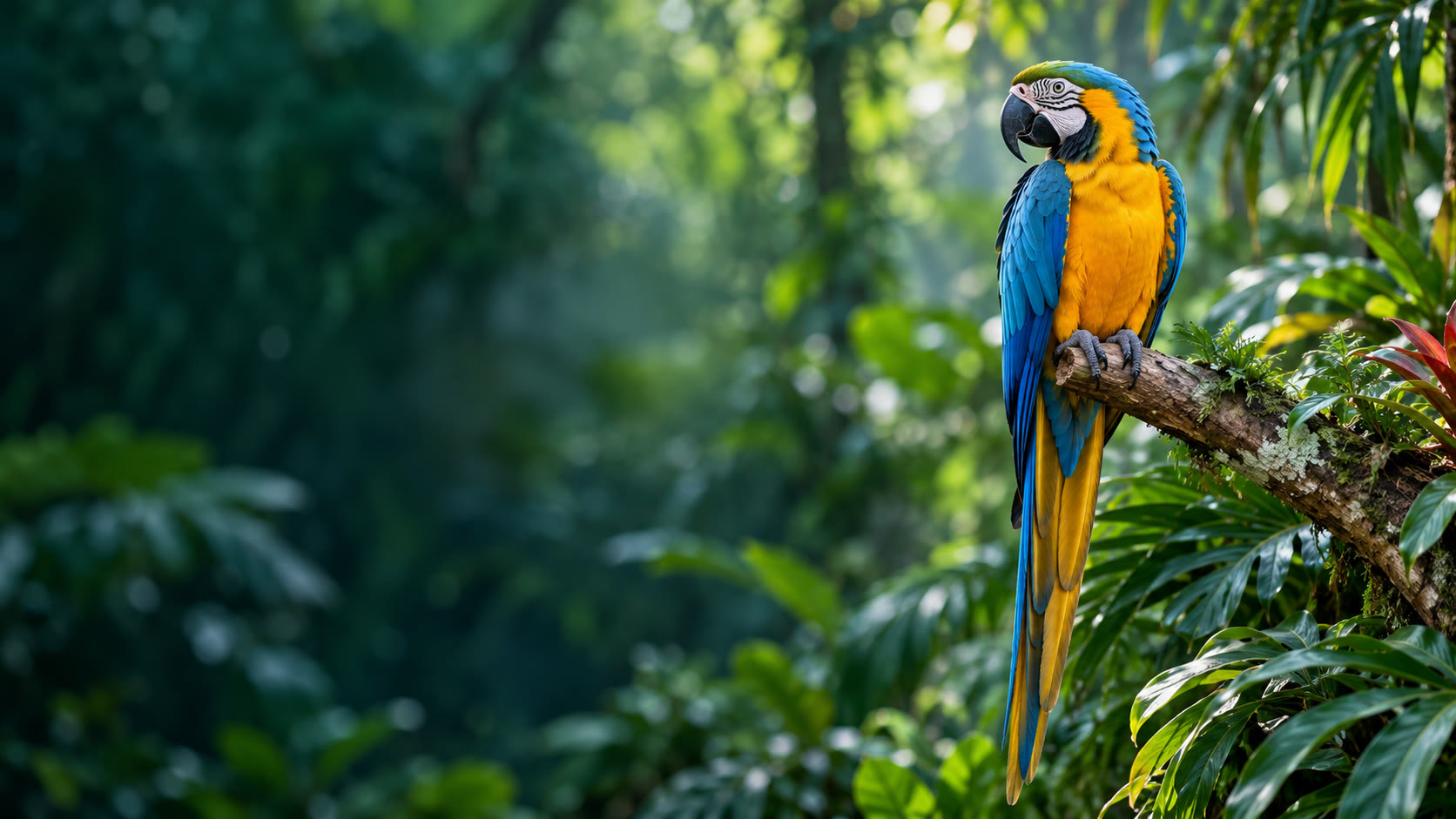 Blue and gold macaw in a landscape aviary scene